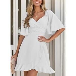 Dokotoo Women's Large White Wrap V Neck Short Flared Sleeve Mini Dress M37-29